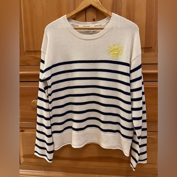 Life Is Good Women’s Long Sleeve Sweater Large Black & White Stripes With Sun - Picture 1 of 6